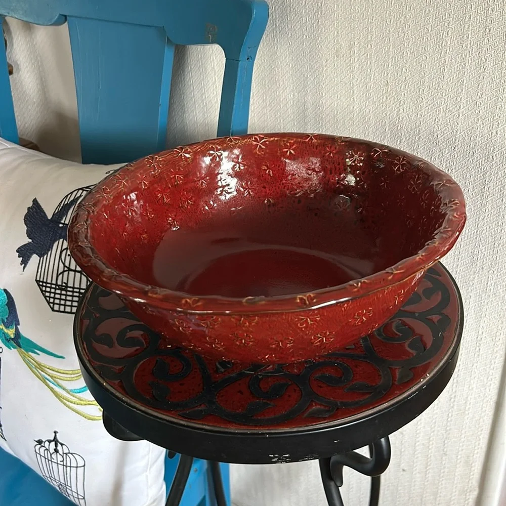 Burgundy Red ASIAN BLOSSOM Round STONEWARE SERVING BOWL
